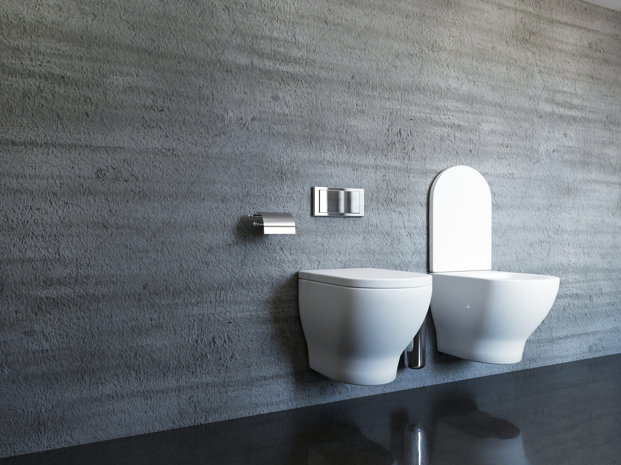 Concrete tiles in modern, spacious bathroom. 3D rendering